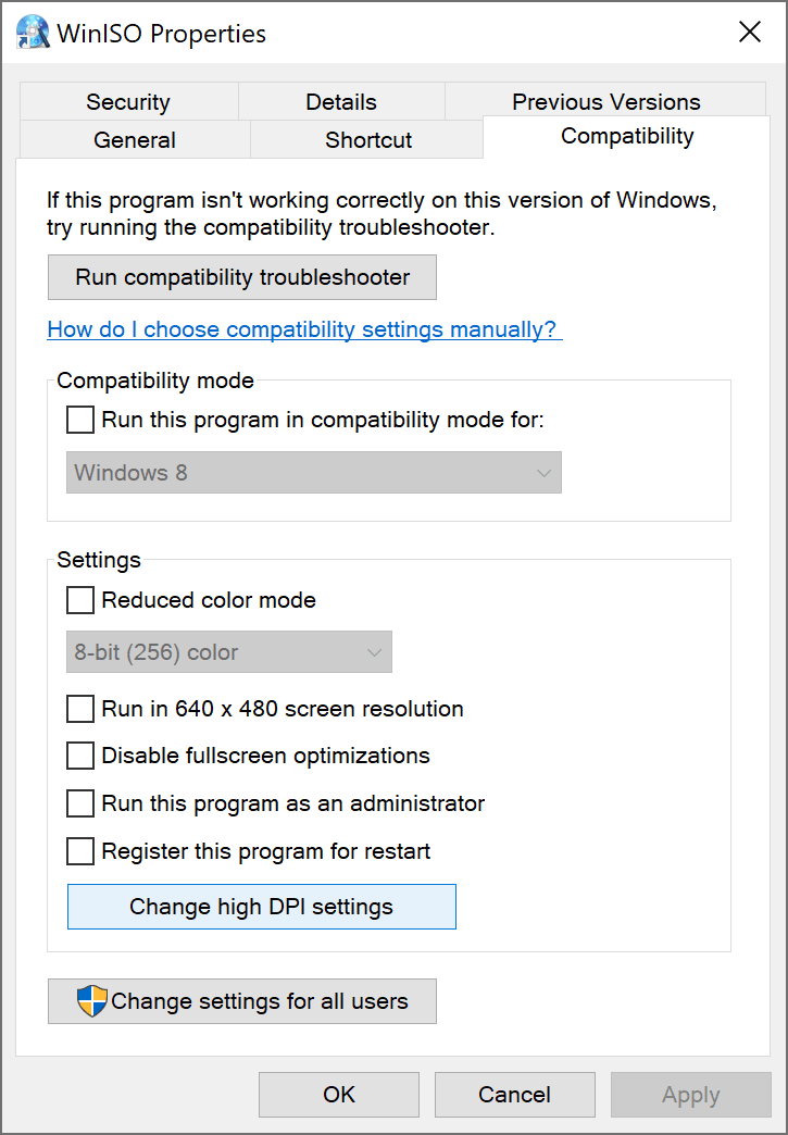 Windows 10 High DPI Settings - Compatibility Tab